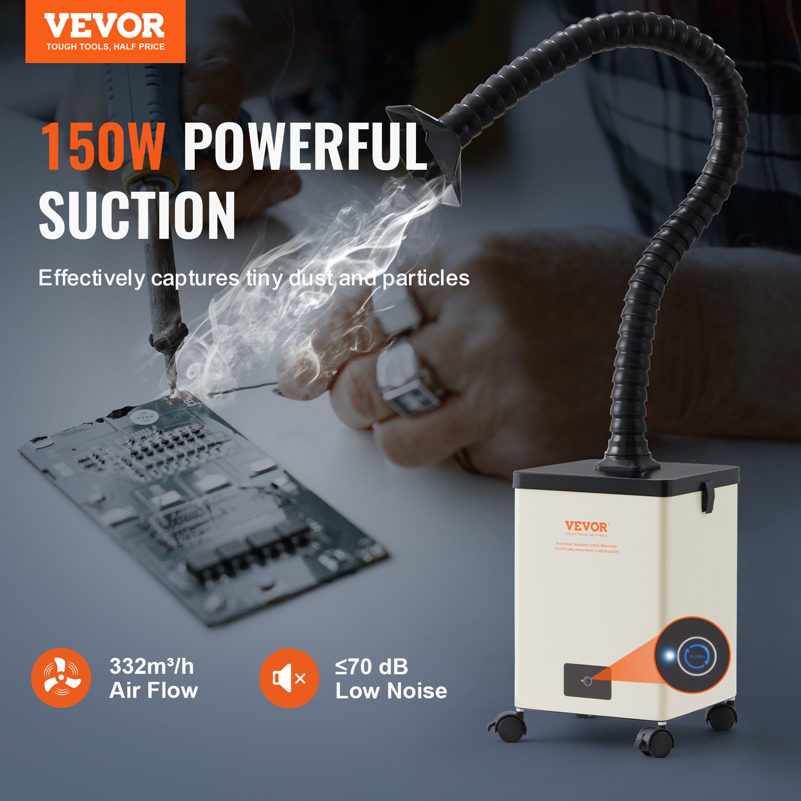 VEVOR Solder Fume Extractor, 150W Soldering Smoke Extractor with 3-Stage Filters, 332 m³/h Strong Suction Smoke Absorber and Purifier for Soldering, Engraving, DIY Welding