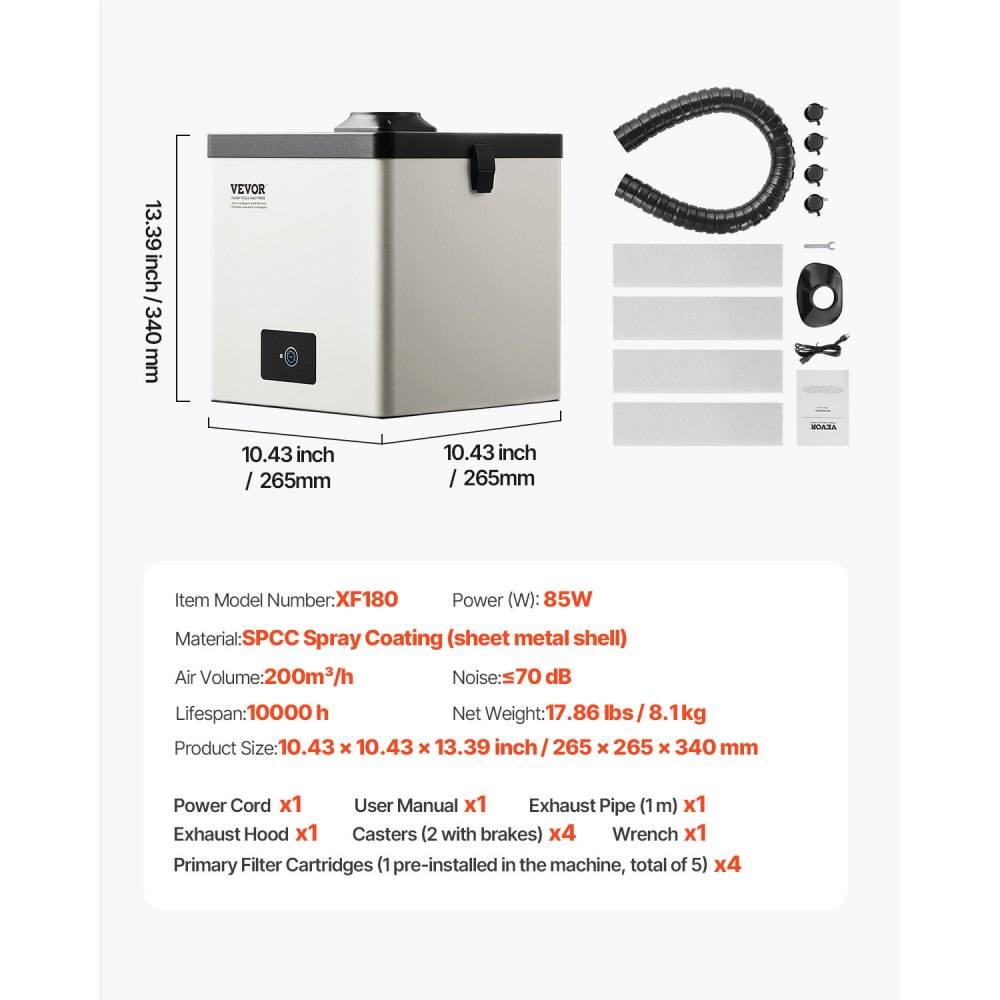 VEVOR Solder Fume Extractor, 85W Brushless Soldering Smoke Absorber with 3-Stage Filters & 3-Speed Adjustment, 200m³/h Strong Suction Solder Smoke Purifier for Soldering, Engraving, DIY Welding, Salon