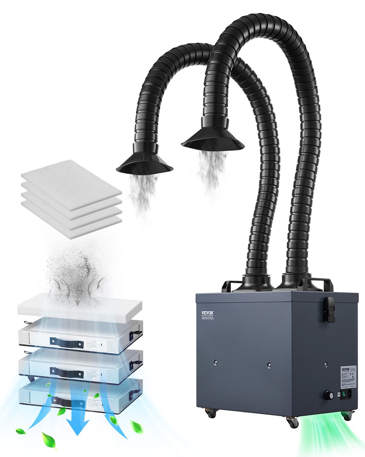 VEVOR Soldering Fume Extractor with Dual Hoses, 275W Brushless Solder Smoke Absorber with 4-Stage Filters & 10 Speeds, 380m³/h Strong Suction Smoke Purifier for Soldering, Laser Engraving, DIY Welding