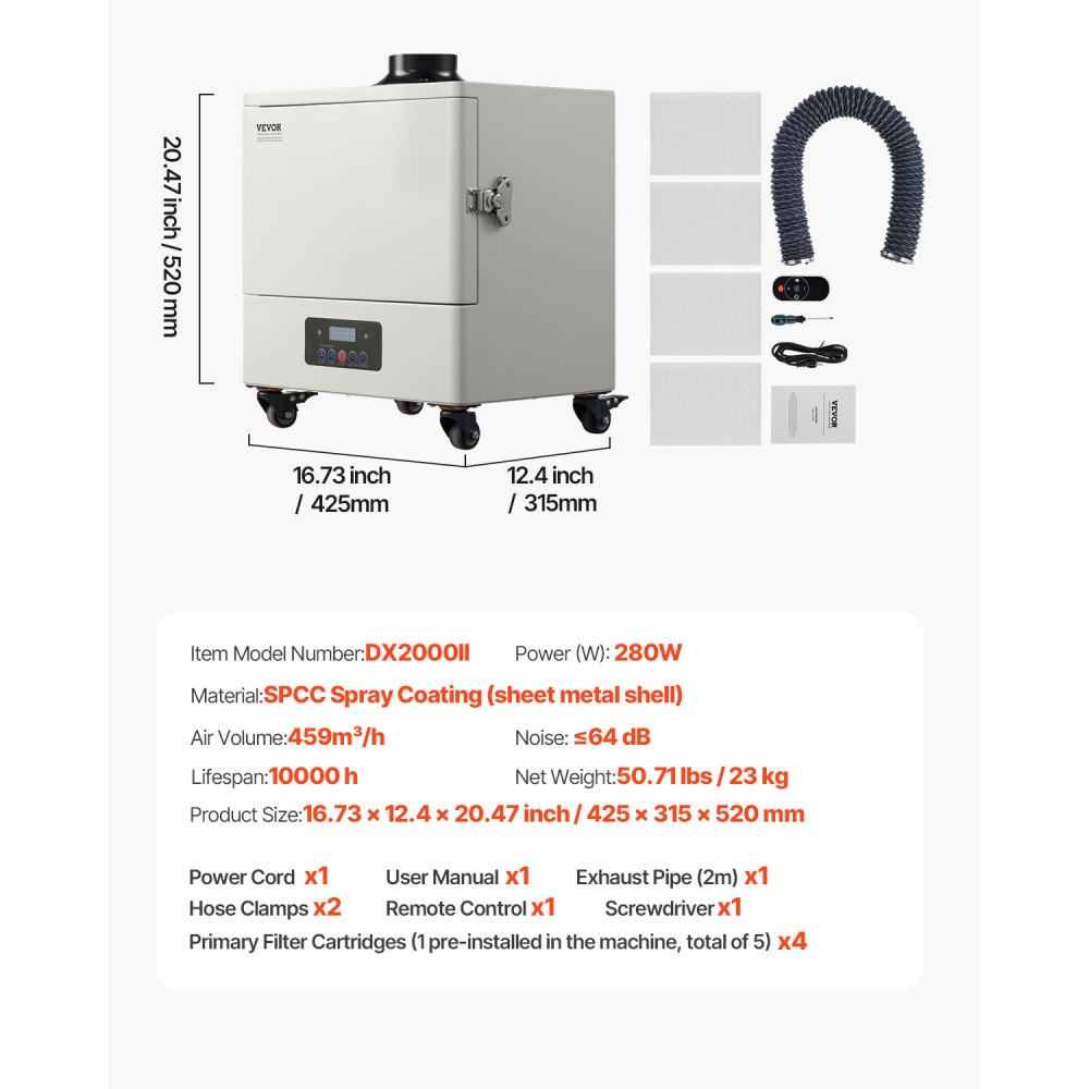 VEVOR Solder Fume Extractor, 459 m³/h Strong Suction Soldering Smoke Absorber with 280W Brushless Motor, 4-Stage Filters, 10-Speed & Remote Control Smoke Purifier for Soldering, Engraving, DIY Welding