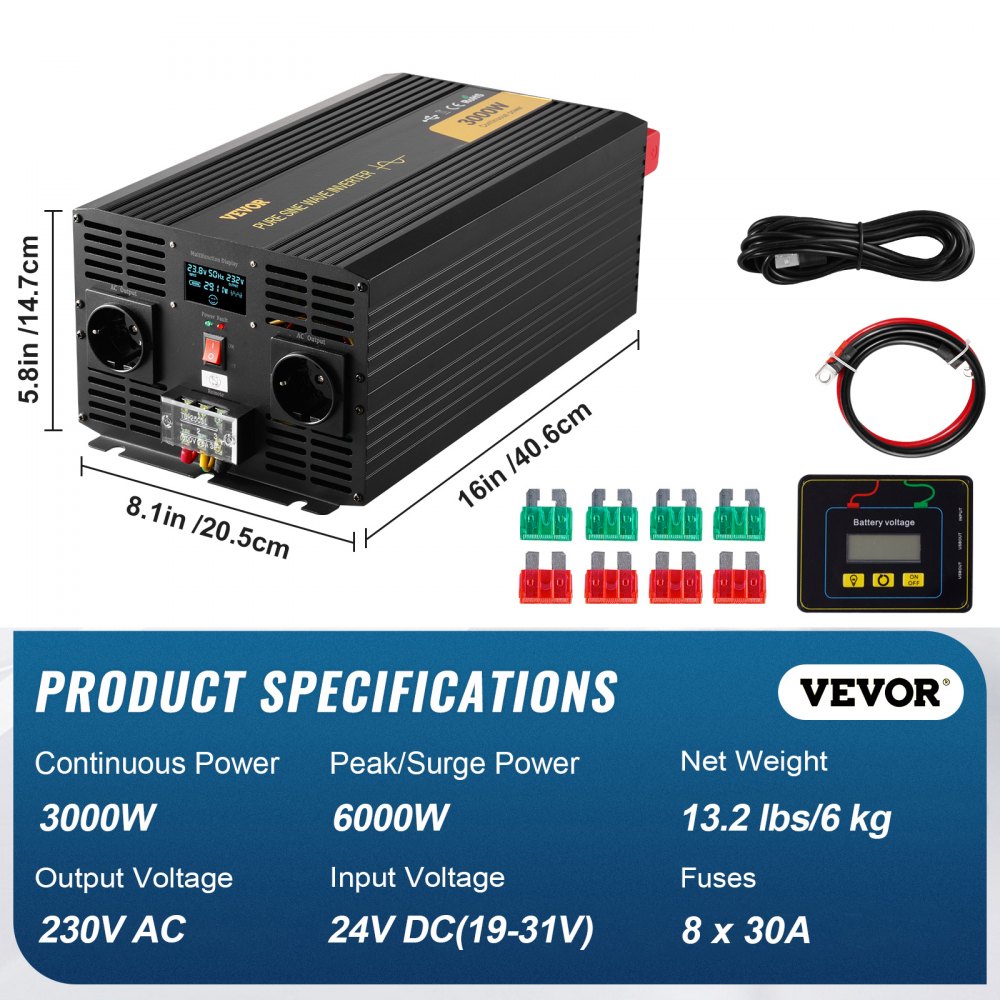 VEVOR Pure Sine Wave Inverter, 3000 Watt, DC 24V to AC 230V Power Inverter Car Inverter, with USB Port LCD Display Remote Controller and EU Outlets, for RV Truck Car Solar System Travel Camping