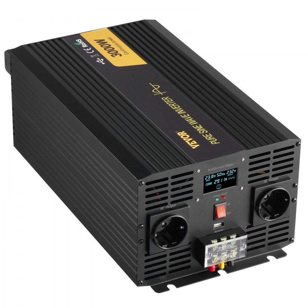 VEVOR Pure Sine Wave Inverter, 3000 Watt, DC 24V to AC 230V Power Inverter Car Inverter, with USB Port LCD Display Remote Controller and EU Outlets, for RV Truck Car Solar System Travel Camping
