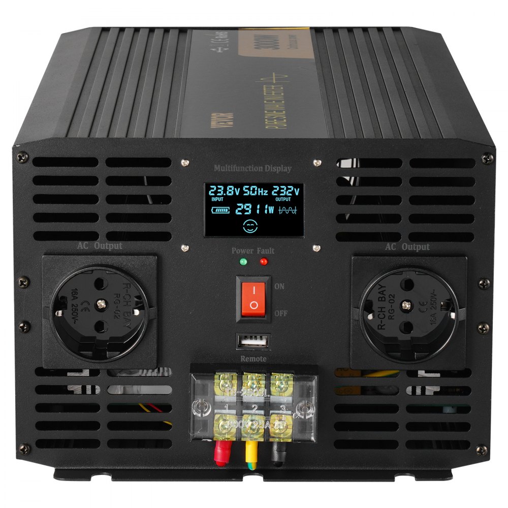 VEVOR Pure Sine Wave Inverter, 3000 Watt, DC 24V to AC 230V Power Inverter Car Inverter, with USB Port LCD Display Remote Controller and EU Outlets, for RV Truck Car Solar System Travel Camping