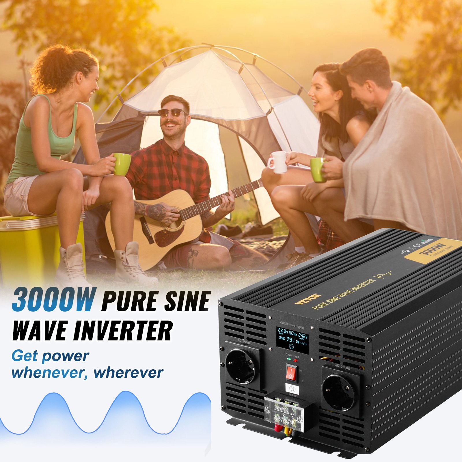 VEVOR Pure Sine Wave Inverter, 3000 Watt, DC 24V to AC 230V Power Inverter Car Inverter, with USB Port LCD Display Remote Controller and EU Outlets, for RV Truck Car Solar System Travel Camping