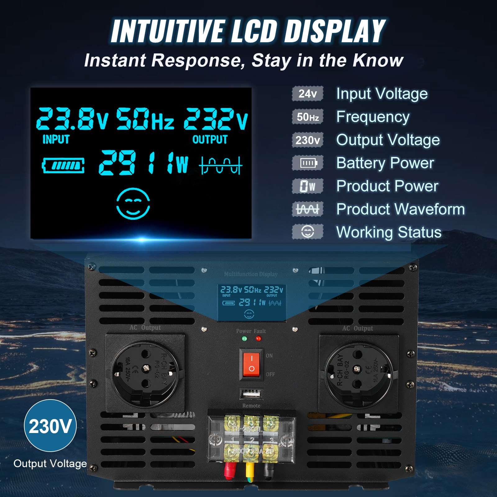 VEVOR Pure Sine Wave Inverter, 3000 Watt, DC 24V to AC 230V Power Inverter Car Inverter, with USB Port LCD Display Remote Controller and EU Outlets, for RV Truck Car Solar System Travel Camping