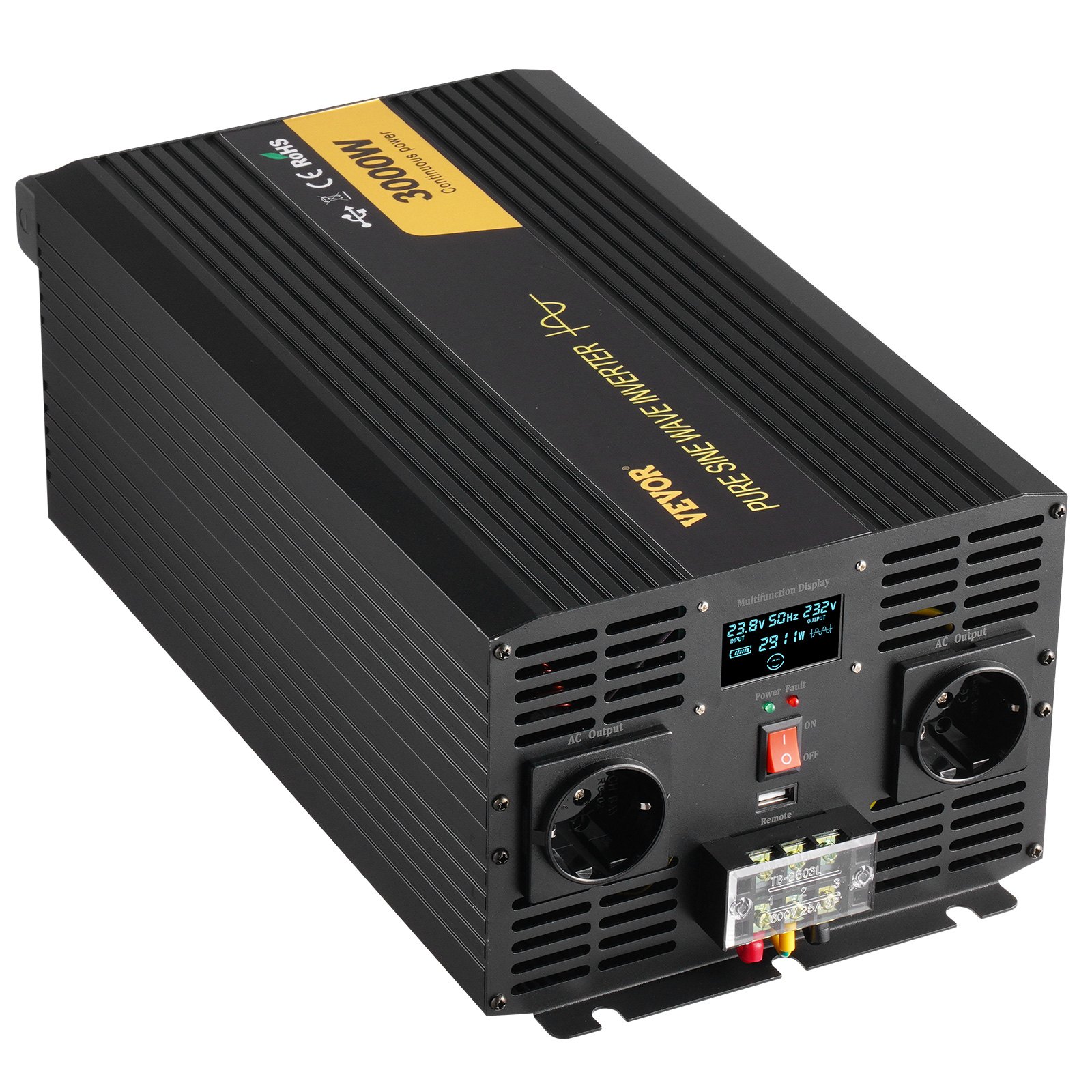 VEVOR Pure Sine Wave Inverter, 3000 Watt, DC 24V to AC 230V Power Inverter Car Inverter, with USB Port LCD Display Remote Controller and EU Outlets, for RV Truck Car Solar System Travel Camping