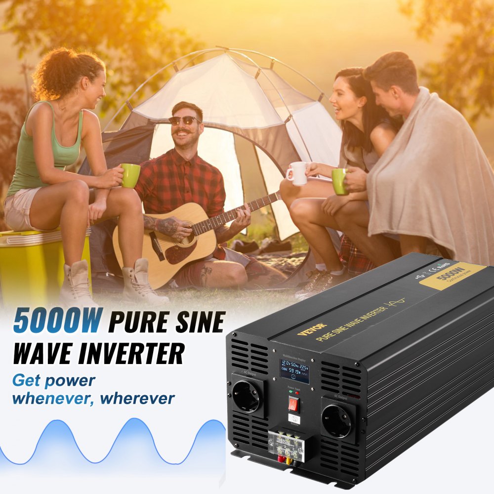 VEVOR Pure Sine Wave Inverter, 5000 Watt, Power Inverter, DC 12V to AC 230V Car Inverter with LCD Display USB Port and Remote Controller, Power Converter for Car RV Truck Solar System Travel Camping