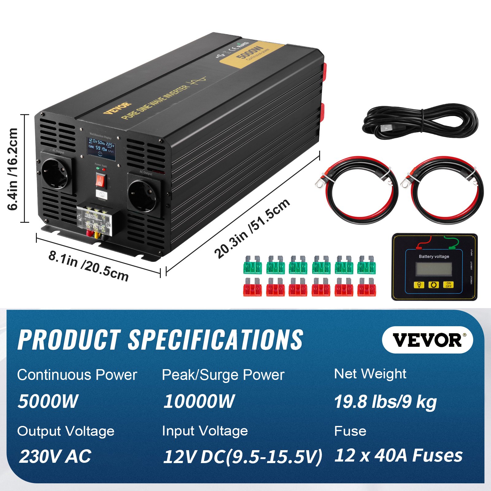 VEVOR Pure Sine Wave Inverter, 5000 Watt, Power Inverter, DC 12V to AC 230V Car Inverter with LCD Display USB Port and Remote Controller, Power Converter for Car RV Truck Solar System Travel Camping