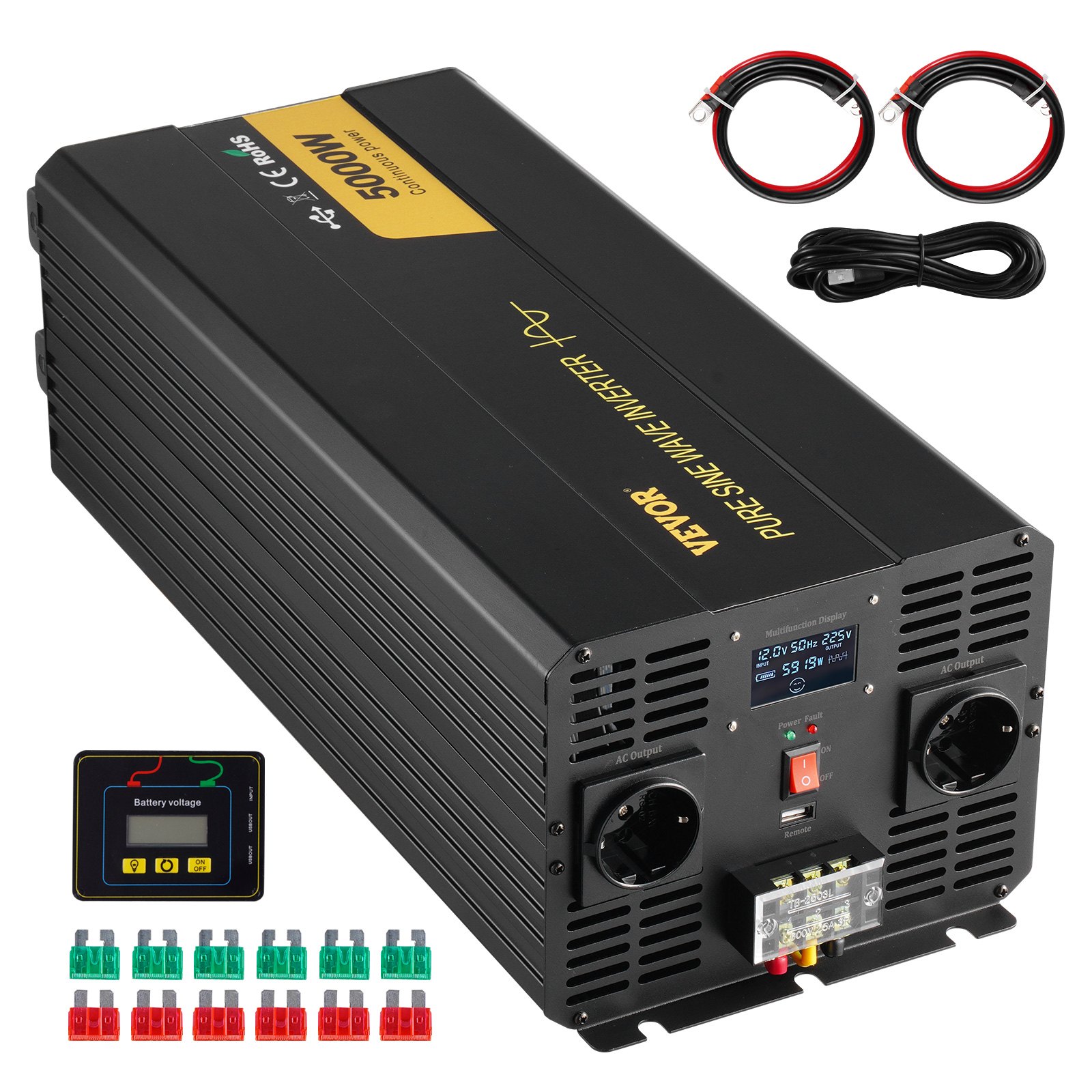 VEVOR Pure Sine Wave Inverter, 5000 Watt, Power Inverter, DC 12V to AC 230V Car Inverter with LCD Display USB Port and Remote Controller, Power Converter for Car RV Truck Solar System Travel Camping