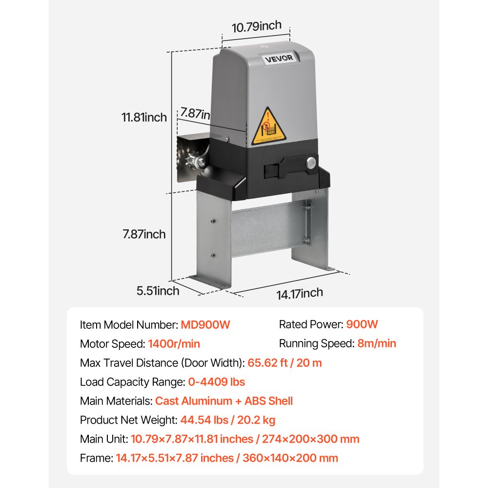 VEVOR Automatic Gate Opener, 900W Electric Sliding Gate Opener for Doors up to 65.6ft 4409lbs, Chain Drive Rolling Door Motor with Infrared Sensor & 2 Remote Controls, Driveway Gates Opening System