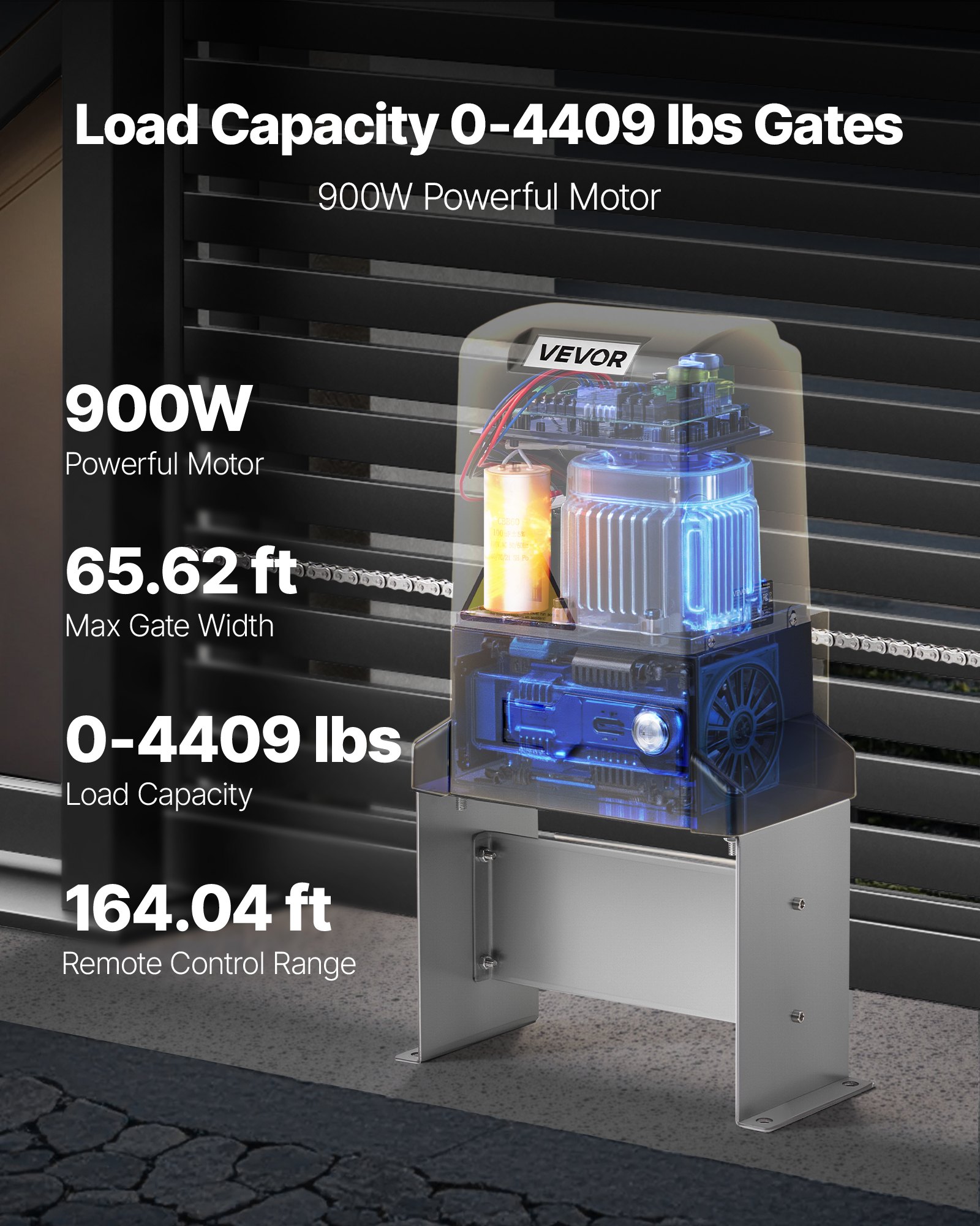 VEVOR Automatic Gate Opener, 900W Electric Sliding Gate Opener for Doors up to 65.6ft 4409lbs, Chain Drive Rolling Door Motor with Infrared Sensor & 2 Remote Controls, Driveway Gates Opening System