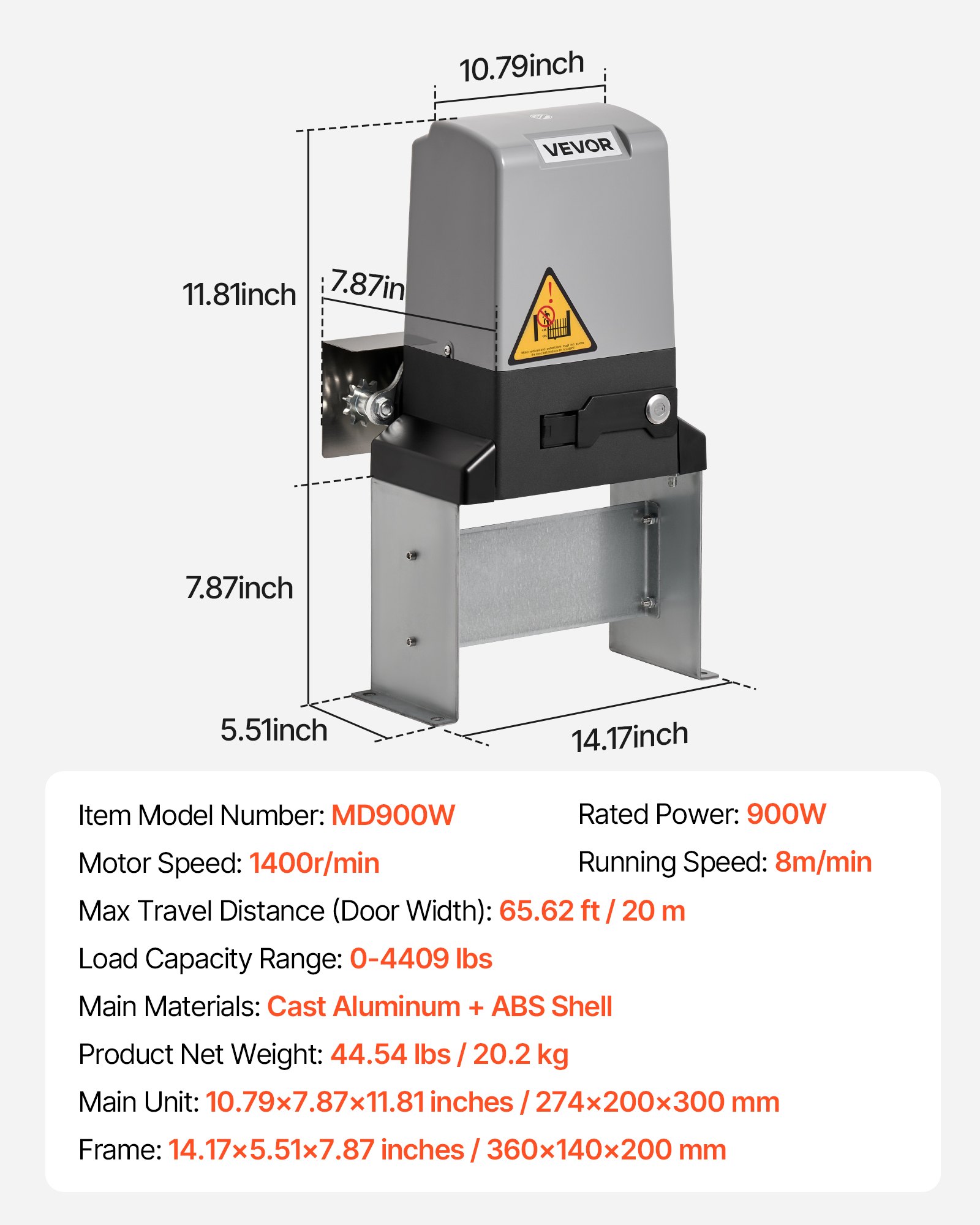 VEVOR Automatic Gate Opener, 900W Electric Sliding Gate Opener for Doors up to 65.6ft 4409lbs, Chain Drive Rolling Door Motor with Infrared Sensor & 2 Remote Controls, Driveway Gates Opening System