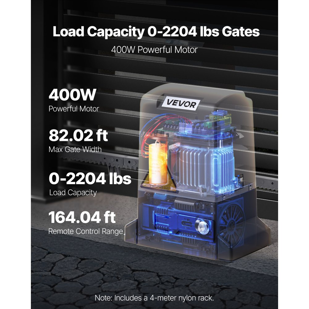 VEVOR Automatic Gate Opener, 400W Electric Sliding Gate Opener for Doors up to 25m 1000kg, Nylon Gear Rack Rolling Door Motor with Infrared Sensor & 2 Remote Controls, Driveway Gates Opening System