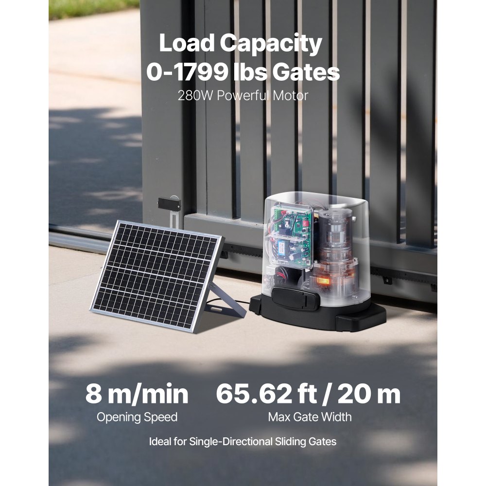 VEVOR Solar Sliding Gate Opener, 280W Electric Gate Opener for Doors up to 20m 816kg, Gear Track Rolling Fence Door Motor with Infrared Sensor & 2 Remote Controls, Driveway Gates Opening System
