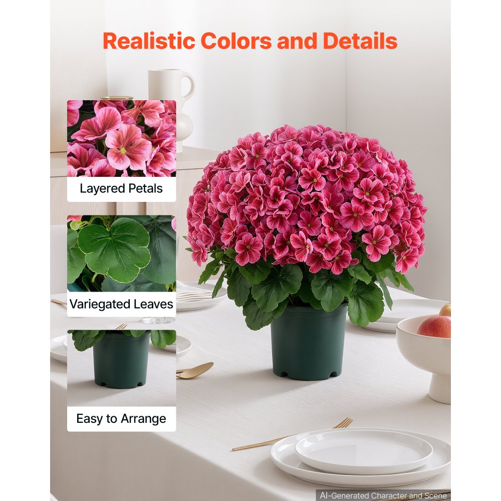 VEVOR Artificial Potted Geraniums 20 in 2-Pack Fake Flower Plants Deep Pink, for Porch, Patio, Entryway, & Home Decor, Indoor & Outdoor Use, Silk and PE Blooms in Pots, Ready to Display Faux Plants