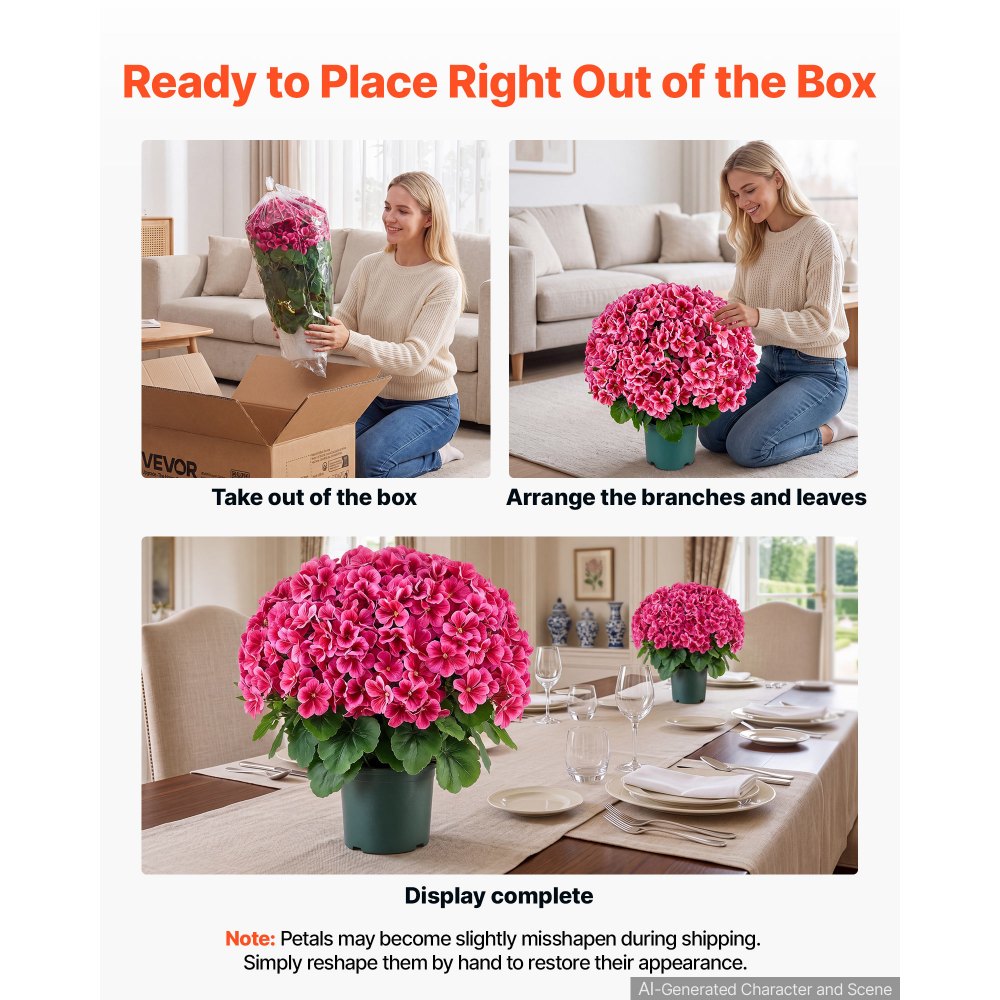 VEVOR Artificial Potted Geraniums 20 in 2-Pack Fake Flower Plants Deep Pink, for Porch, Patio, Entryway, & Home Decor, Indoor & Outdoor Use, Silk and PE Blooms in Pots, Ready to Display Faux Plants