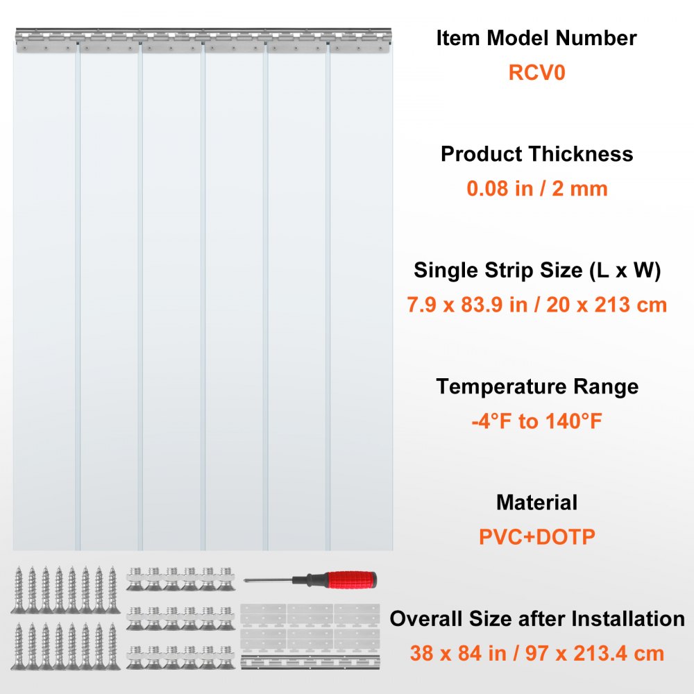 VEVOR Strip Curtain, 84" Height x 38" Width, 0.08" Thickness, 6PCS Clear PVC Strip Door Curtain, Freezer Curtain, Plastic Door Strips for Walk in Freezers, Coolers & Warehouse Doors, with 50% Overlap