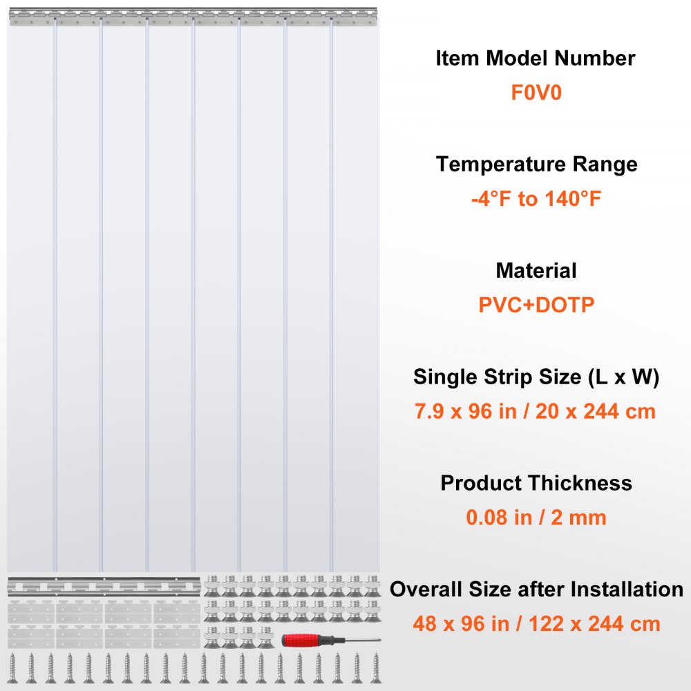 VEVOR Strip Curtain, 244 cm H x 122 cm W, 2 mm Thickness, 8PCS Clear PVC Strip Door Curtain, Freezer Curtain, Plastic Door Strips for Walk in Freezers, Coolers & Warehouse Doors, with 50% Overlap
