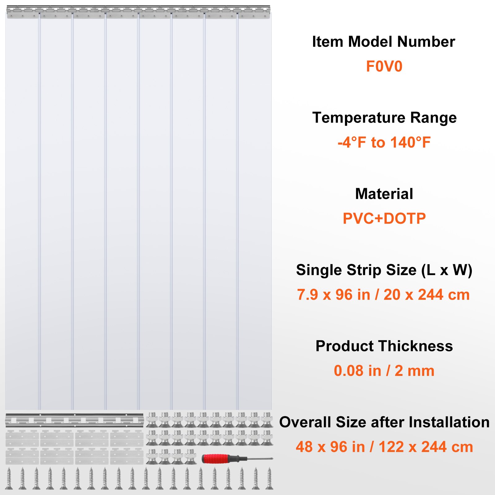 VEVOR Strip Curtain, 96" Height x 48" Width, 0.08" Thickness, 8PCS Clear PVC Strip Door Curtain, Freezer Curtain, Plastic Door Strips for Walk in Freezers, Coolers & Warehouse Doors, with 50% Overlap