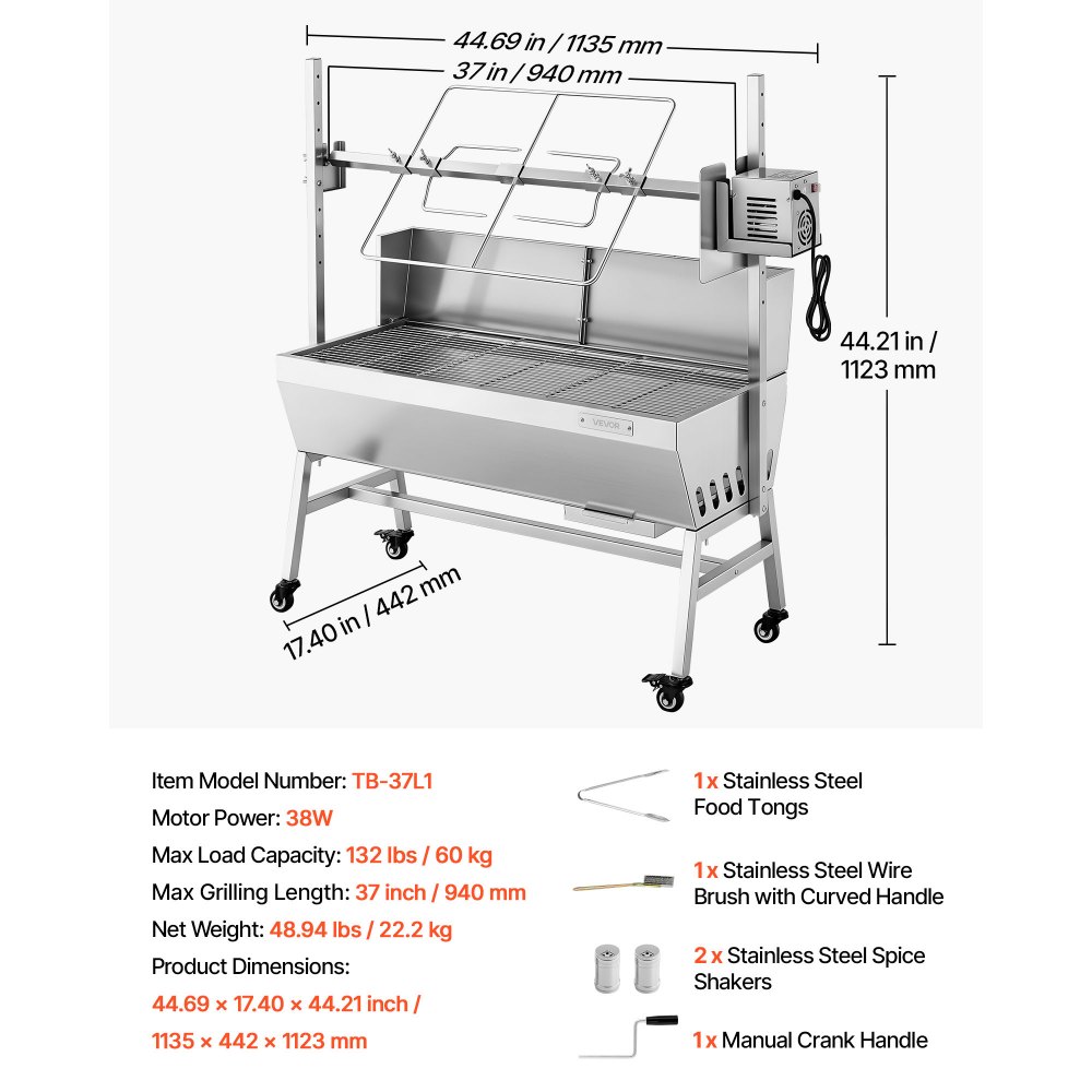 VEVOR Rotisserie Grill, 38W BBQ Outdoor Pig & Lamb Spit Roaster, Charcoal Spit Roaster with 60 kg Load Capacity & 7-Level Height, Stainless Steel Electric Rotisserie Grill Kit for Camping Outdoor