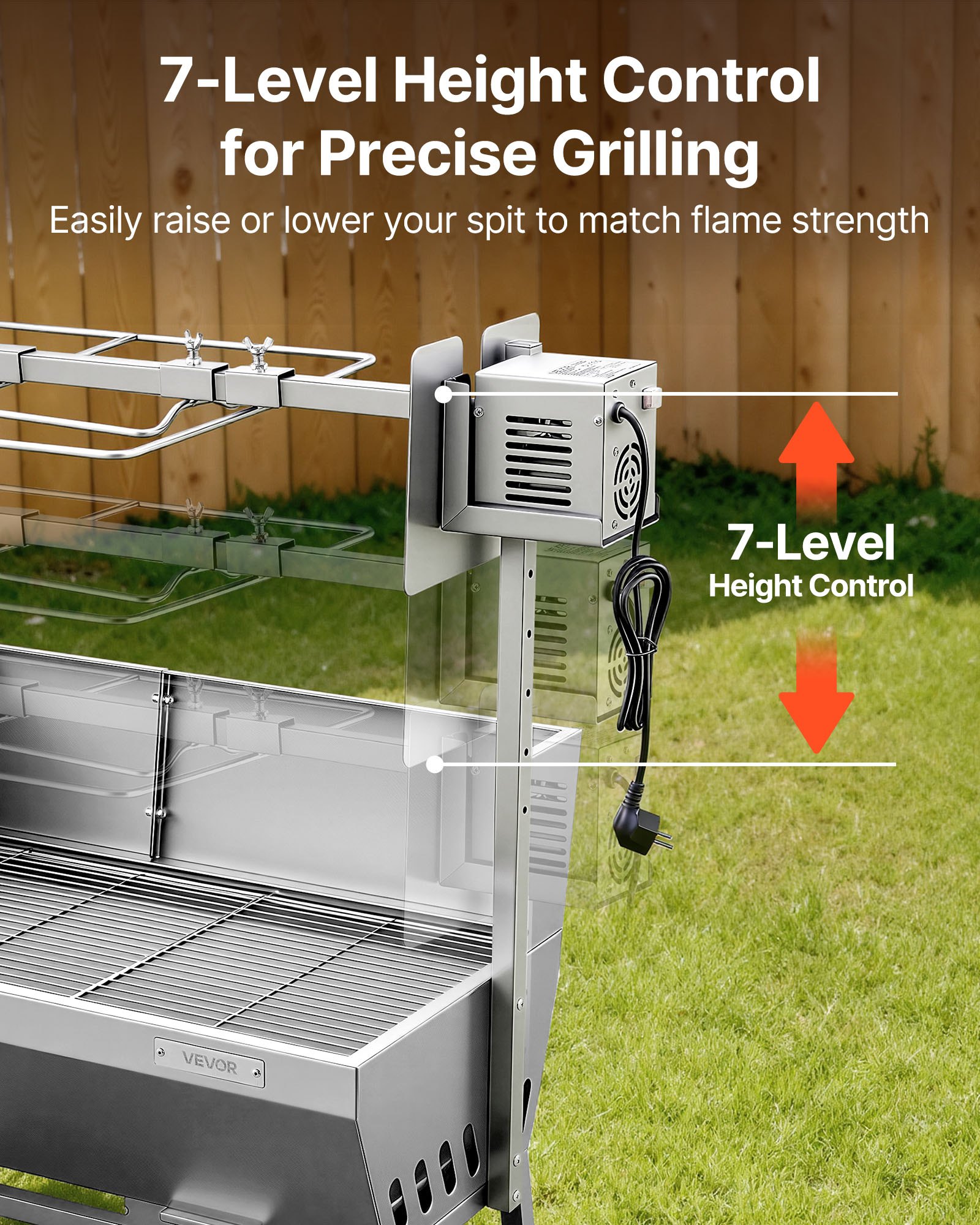 VEVOR Rotisserie Grill, 38W BBQ Outdoor Pig & Lamb Spit Roaster, Charcoal Spit Roaster with 60 kg Load Capacity & 7-Level Height, Stainless Steel Electric Rotisserie Grill Kit for Camping Outdoor