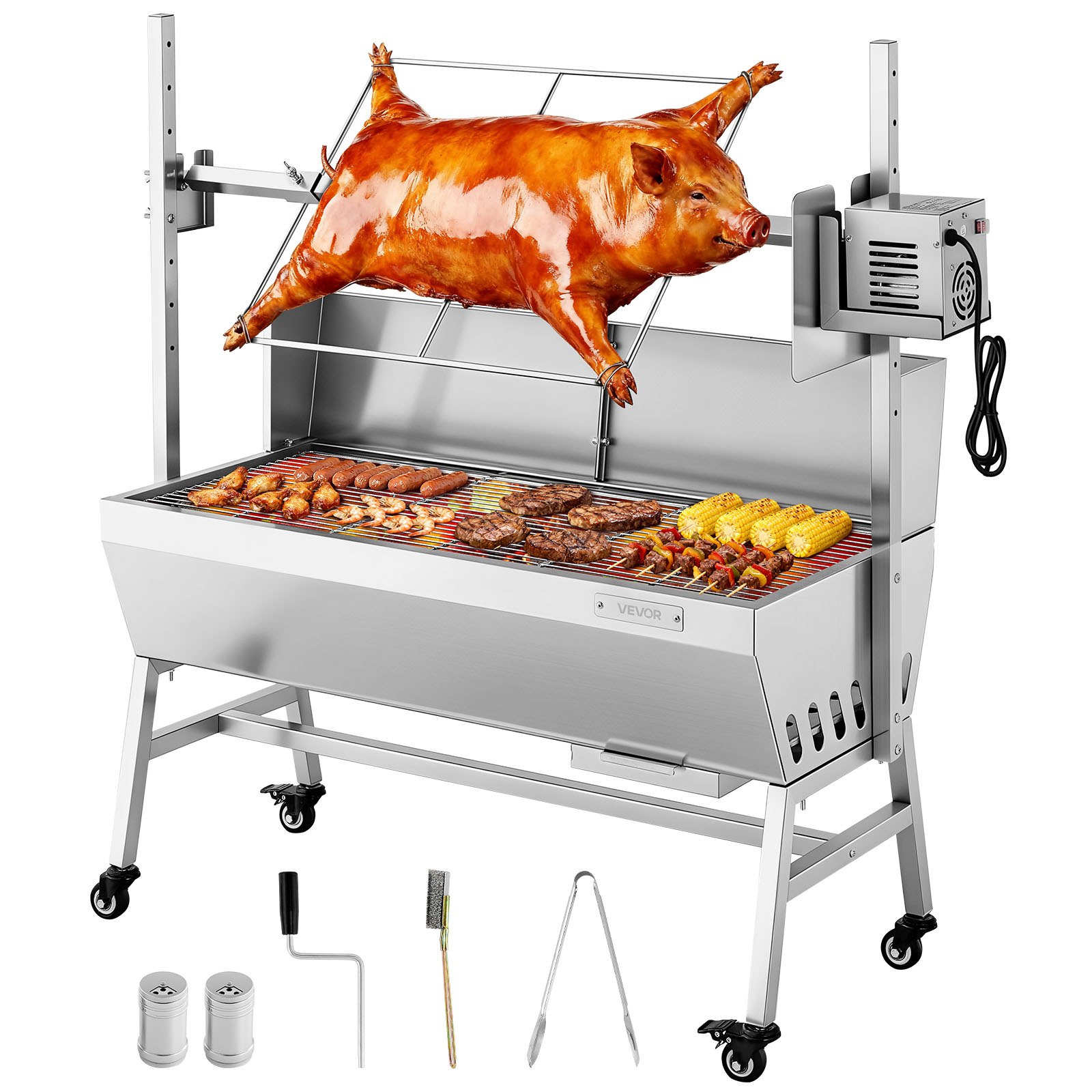 VEVOR Rotisserie Grill, 38W BBQ Outdoor Pig & Lamb Spit Roaster, Charcoal Spit Roaster with 60 kg Load Capacity & 7-Level Height, Stainless Steel Electric Rotisserie Grill Kit for Camping Outdoor
