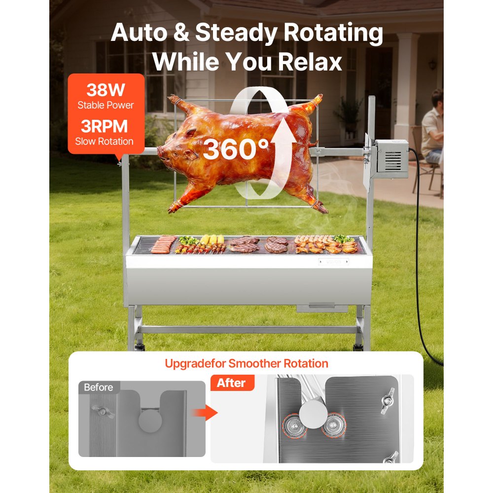 VEVOR Rotisserie Grill, 38W BBQ Outdoor Pig & Lamb Spit Roaster, Charcoal Spit Roaster with 60 kg Capacity, Wheels & 7-Level Height, Stainless Steel Electric Rotisserie Grill Kit for Camping Outdoor