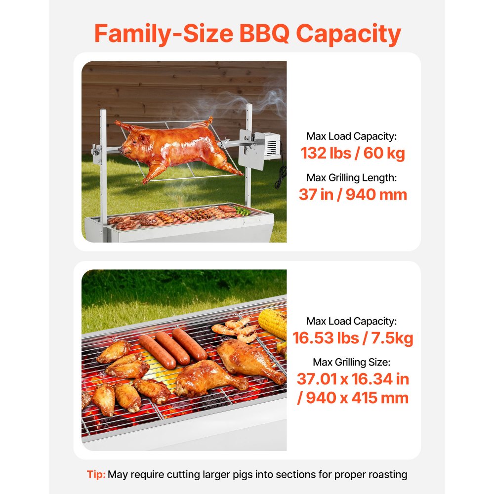 VEVOR Rotisserie Grill, 38W BBQ Outdoor Pig & Lamb Spit Roaster, Charcoal Spit Roaster with 60 kg Capacity, Wheels & 7-Level Height, Stainless Steel Electric Rotisserie Grill Kit for Camping Outdoor