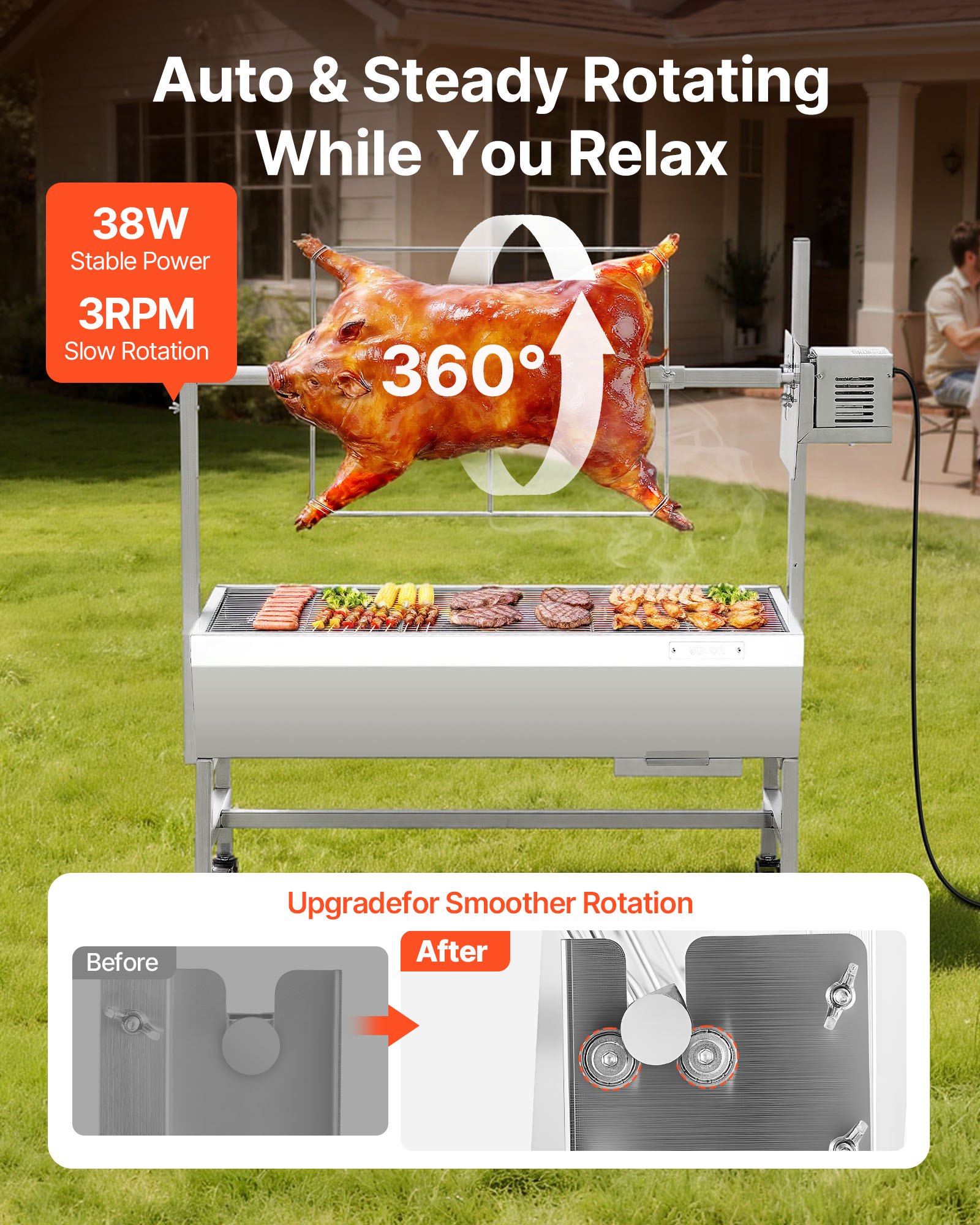 VEVOR Rotisserie Grill, 38W BBQ Outdoor Pig & Lamb Spit Roaster, Charcoal Spit Roaster with 60 kg Capacity, Wheels & 7-Level Height, Stainless Steel Electric Rotisserie Grill Kit for Camping Outdoor