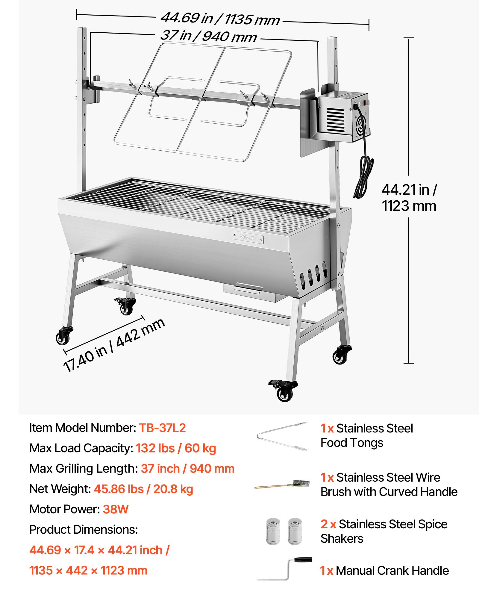 VEVOR Rotisserie Grill, 38W BBQ Outdoor Pig & Lamb Spit Roaster, Charcoal Spit Roaster with 60 kg Capacity, Wheels & 7-Level Height, Stainless Steel Electric Rotisserie Grill Kit for Camping Outdoor