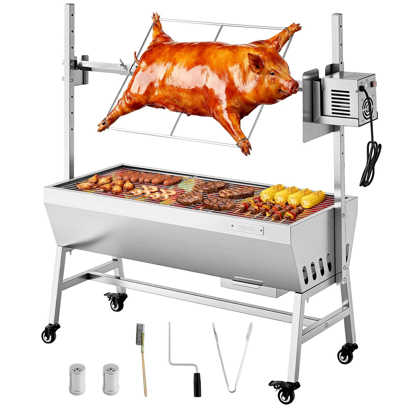 VEVOR Rotisserie Grill, 38W BBQ Outdoor Pig & Lamb Spit Roaster, Charcoal Spit Roaster with 60 kg Capacity, Wheels & 7-Level Height, Stainless Steel Electric Rotisserie Grill Kit for Camping Outdoor