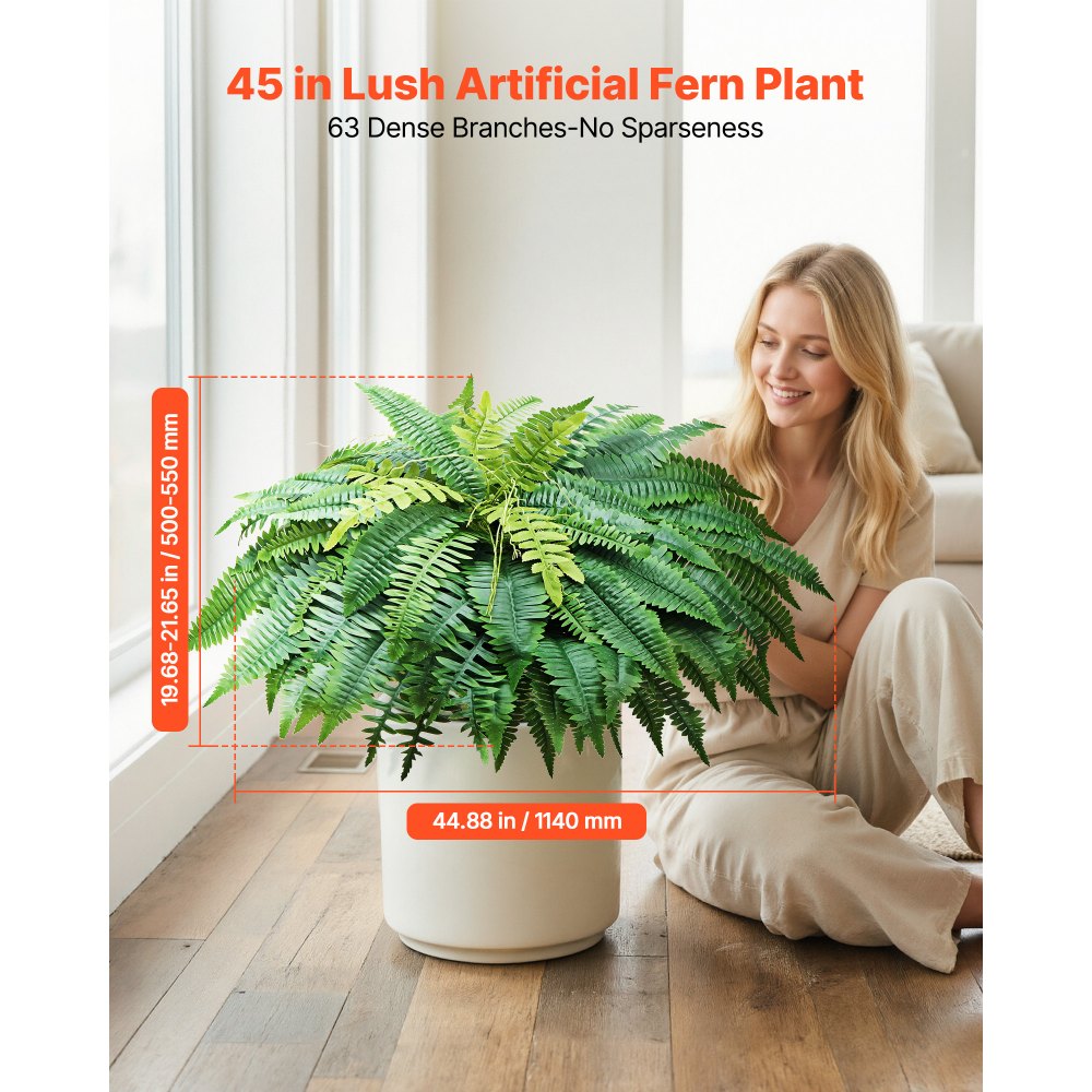 VEVOR Artificial Ferns, 1143 mm Fake Boston Fern Bush Plant with 63 Fronds, Faux Greenery for Indoor/Outdoor Decor, Silk & LDPE, Suitable for Home Porch Garden Office Living Room Planter, Set of 2