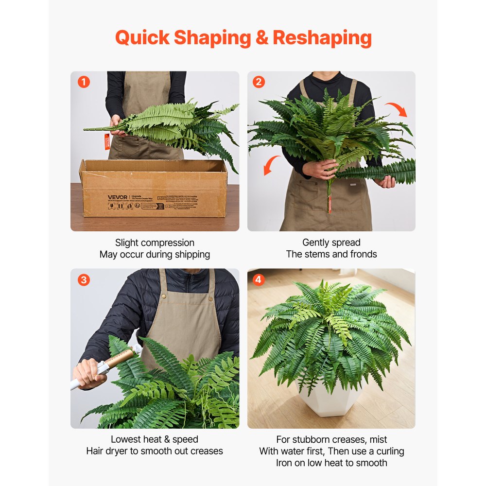 VEVOR Artificial Ferns, 1143 mm Fake Boston Fern Bush Plant with 63 Fronds, Faux Greenery for Indoor/Outdoor Decor, Silk & LDPE, Suitable for Home Porch Garden Office Living Room Planter, Set of 2