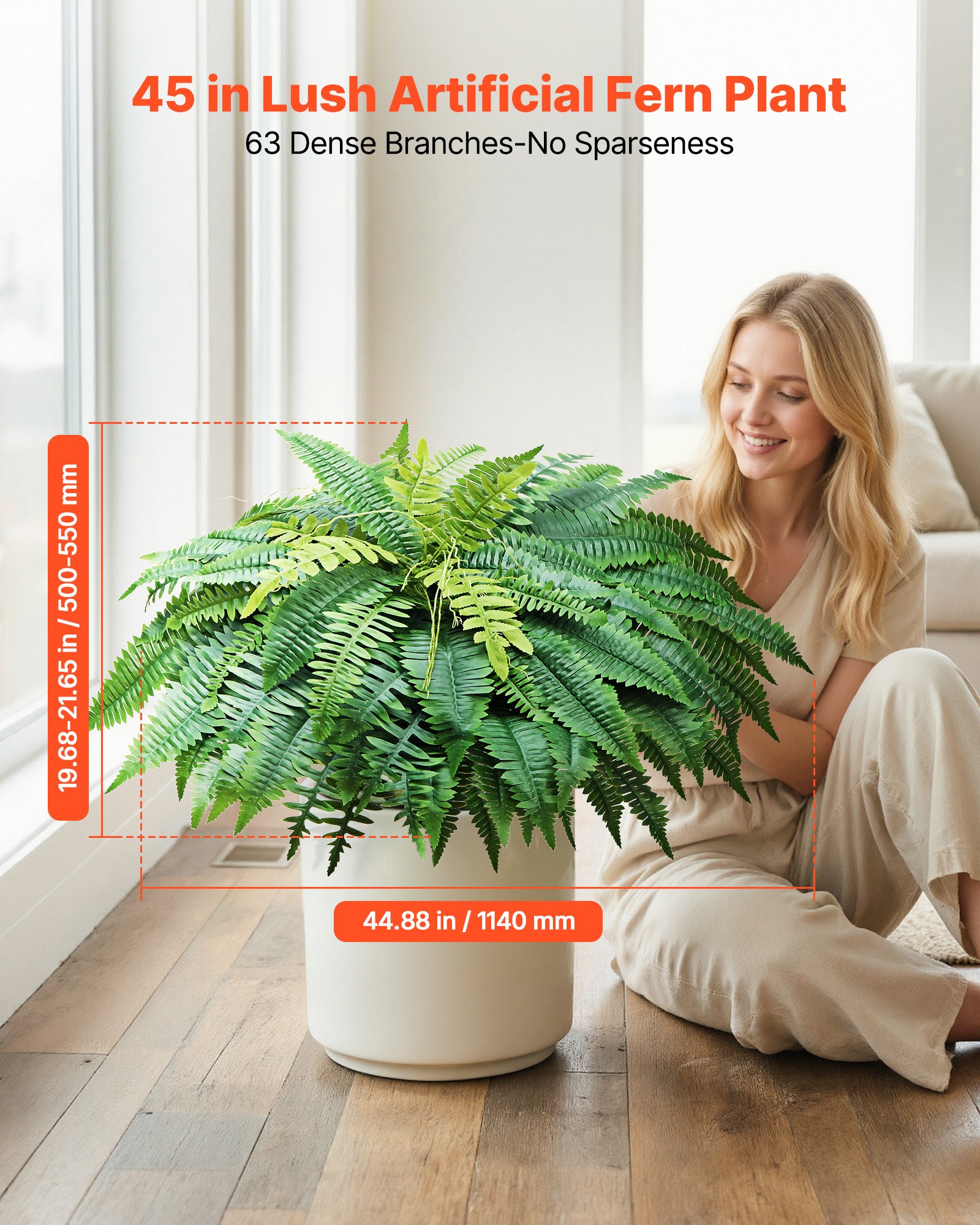 VEVOR Artificial Ferns, 1143 mm Fake Boston Fern Bush Plant with 63 Fronds, Faux Greenery for Indoor/Outdoor Decor, Silk & LDPE, Suitable for Home Porch Garden Office Living Room Planter, Set of 2