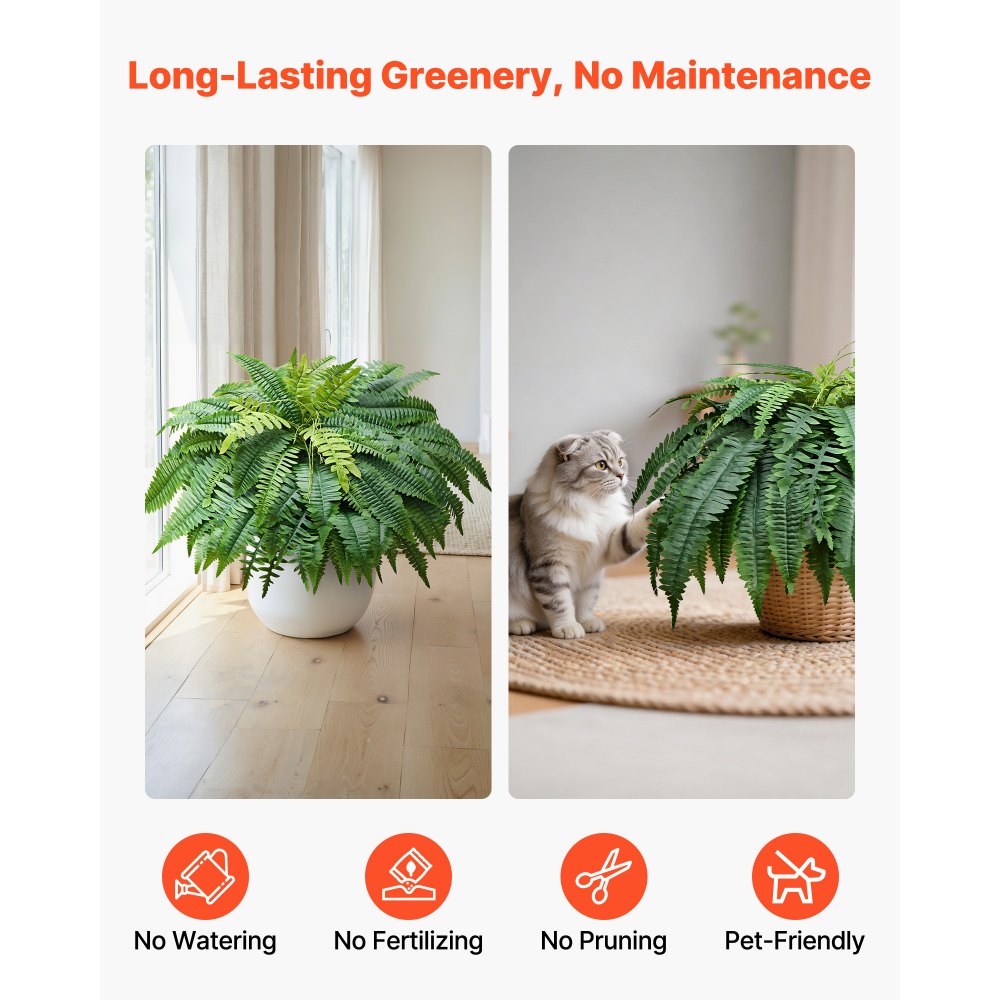VEVOR Artificial Ferns, 1219 mm Fake Boston Fern Bush Plant with 67 Fronds, Faux Greenery for Indoor/Outdoor Decor, Silk & LDPE, Suitable for Home Porch Garden Office Living Room Planter, Set of 2