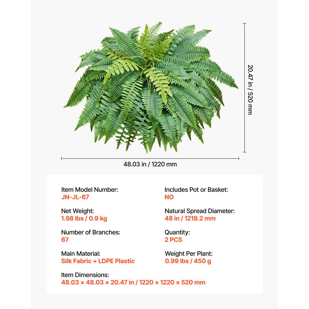 VEVOR Artificial Ferns, 1219 mm Fake Boston Fern Bush Plant with 67 Fronds, Faux Greenery for Indoor/Outdoor Decor, Silk & LDPE, Suitable for Home Porch Garden Office Living Room Planter, Set of 2