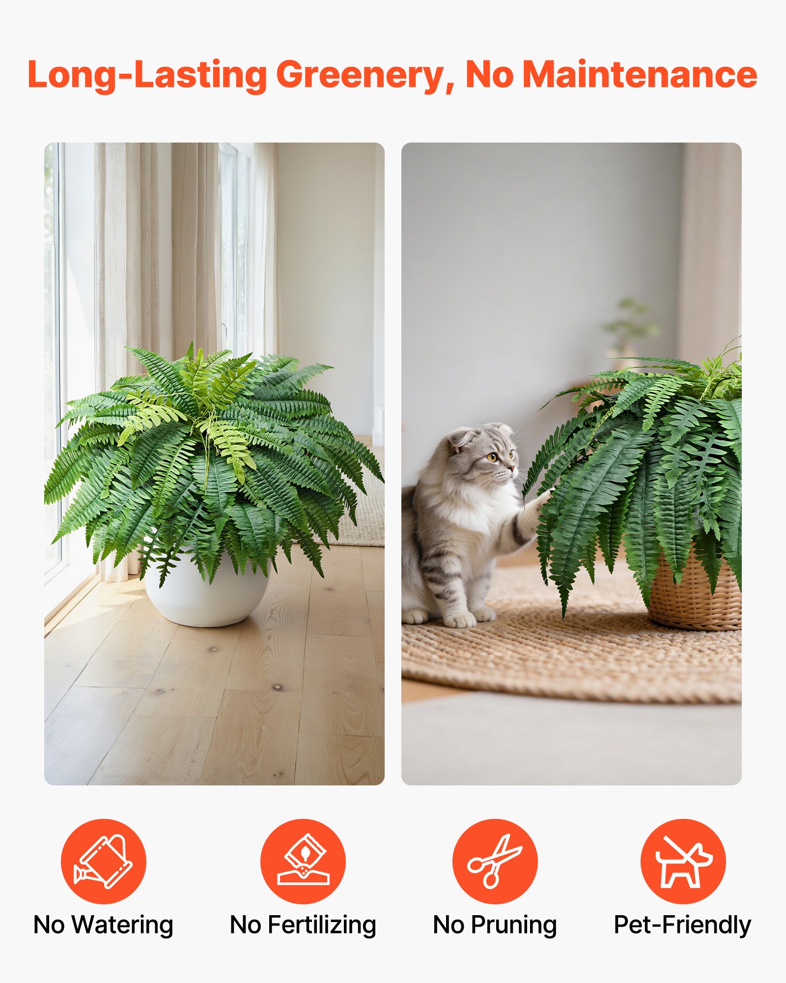 VEVOR Artificial Ferns, 1219 mm Fake Boston Fern Bush Plant with 67 Fronds, Faux Greenery for Indoor/Outdoor Decor, Silk & LDPE, Suitable for Home Porch Garden Office Living Room Planter, Set of 2