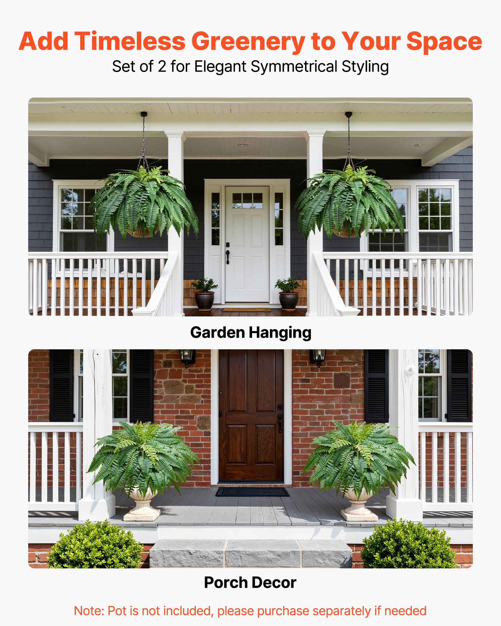 VEVOR Artificial Ferns, 1219 mm Fake Boston Fern Bush Plant with 67 Fronds, Faux Greenery for Indoor/Outdoor Decor, Silk & LDPE, Suitable for Home Porch Garden Office Living Room Planter, Set of 2