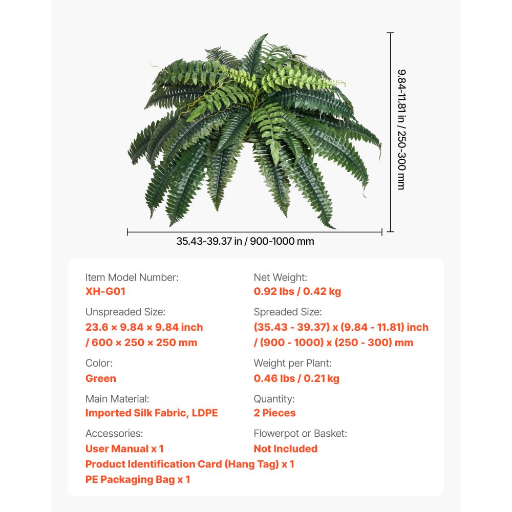 VEVOR Artificial Ferns 2 Pcs, Natural Spread Diameter 35-39 Inch, Large Hanging Artificial Boston Ferns, Fake Plant Wall Decor with 35 Branches, Faux Fern for Home and Office (Flowerpot Unincluded)