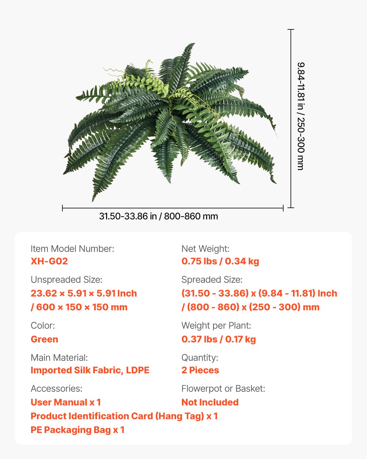 VEVOR Artificial Ferns 2 Pcs, Natural Spread Diameter 31-34 Inch, Large Hanging Artificial Boston Ferns, Fake Plant Wall Decor with 30 Branches, Faux Fern for Home and Office (Flowerpot Unincluded)