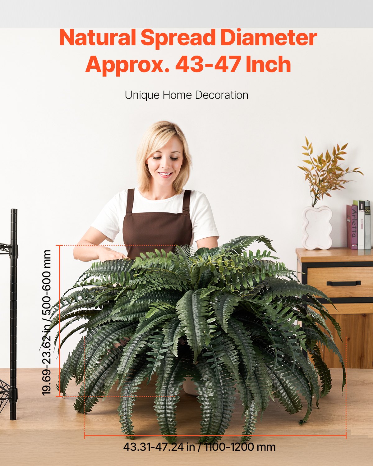 VEVOR Artificial Ferns, Natural Spread Diameter 43-47 Inch, Large Hanging Artificial Boston Ferns, Fake Plant Wall Decor with 88 Branches, Faux Fern for Home Office and Outdoor (Flowerpot Unincluded)