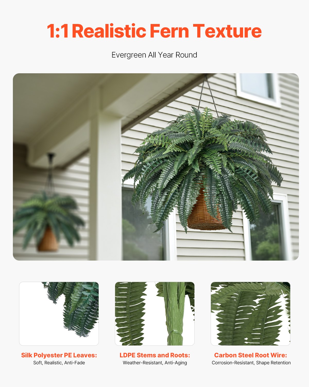 VEVOR Artificial Ferns, Natural Spread Diameter 43-47 Inch, Large Hanging Artificial Boston Ferns, Fake Plant Wall Decor with 88 Branches, Faux Fern for Home Office and Outdoor (Flowerpot Unincluded)