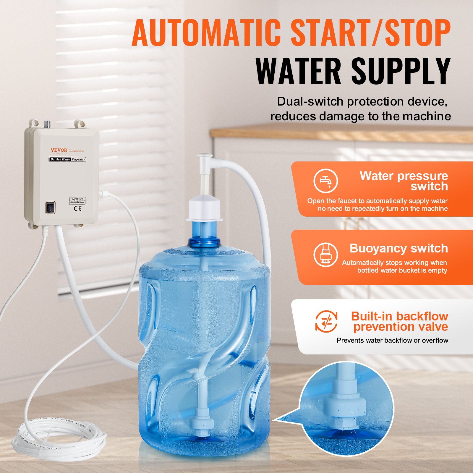 VEVOR Bottled Water Dispenser Pump System, 5 Gallon/18.9 L Dispensing System, Automatic Electric Water Dispenser, Single Inlet Water Jug Pump, Compatible Use with Coffee/Tea Machine, Refrigerator, Ice Maker