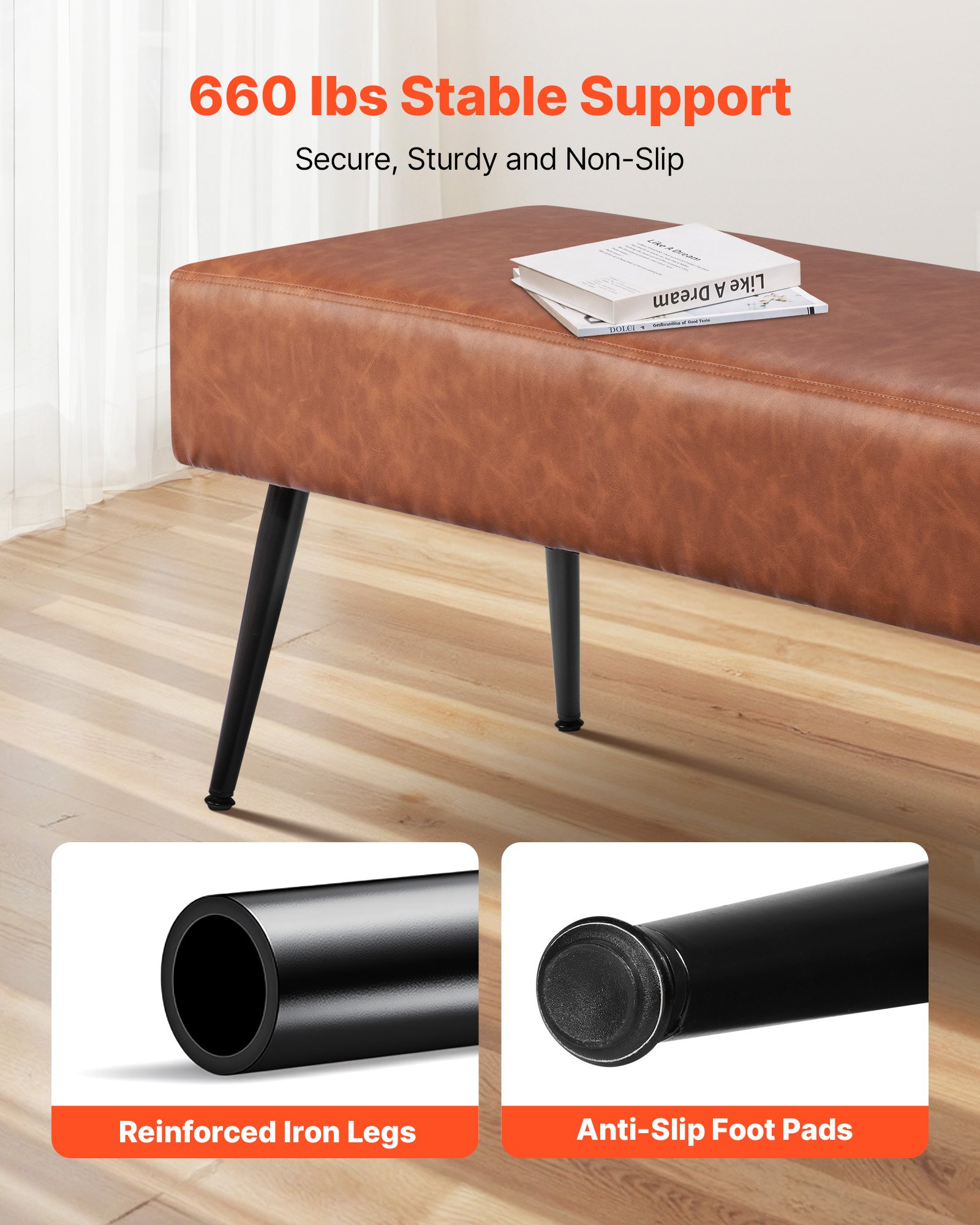 VEVOR Leather Bedroom Bench, PU Leather Bench with Metal Legs and with Stitching for Entryway, Upholstered Shoe Bench Seat, Modern End of the Bed Benches for Living Room, Dining Room, Hallway, Brown