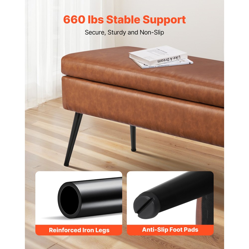 VEVOR PU Leather Storage Ottoman Bench Bench with Storage and Metal Legs 1016 x 355 x 450 mm Brown