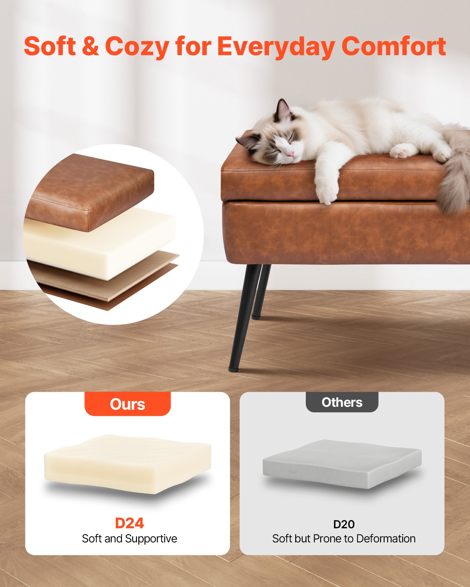 VEVOR PU Leather Storage Ottoman Bench Bench with Storage and Metal Legs 1016 x 355 x 450 mm Brown