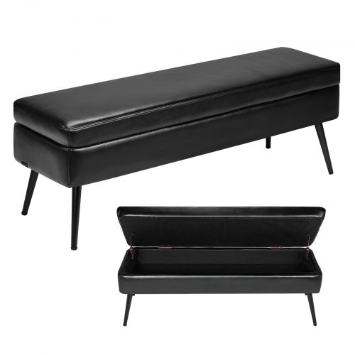 VEVOR Leather Storage Ottoman Bench, PU Leather Bench with Storage and Metal Legs, Modern Shoe Benches Seat for Entryway, Upholstered End of Bed Benches for Living Room, Dining Room, Hallway, Black