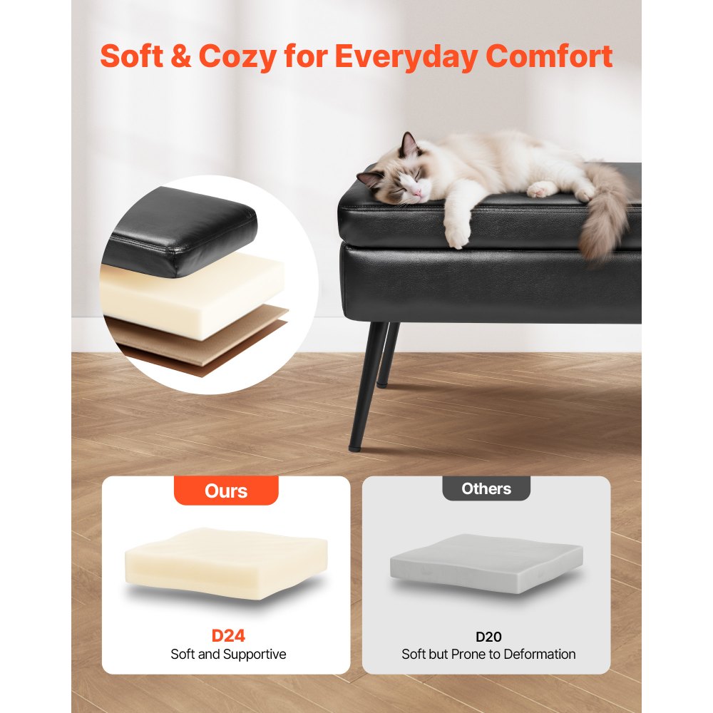 VEVOR PU Leather Storage Ottoman Bench Shoe Seat with Storage & Metal Legs 1200 x 400 x 450 mm Black