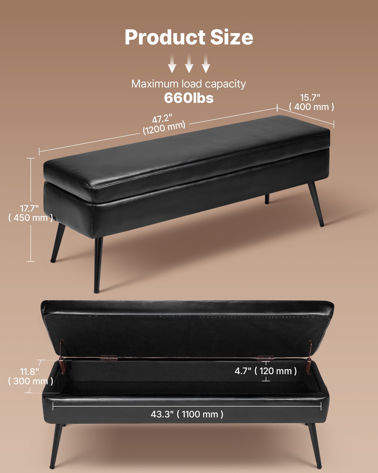 VEVOR PU Leather Storage Ottoman Bench Shoe Seat with Storage & Metal Legs 1200 x 400 x 450 mm Black