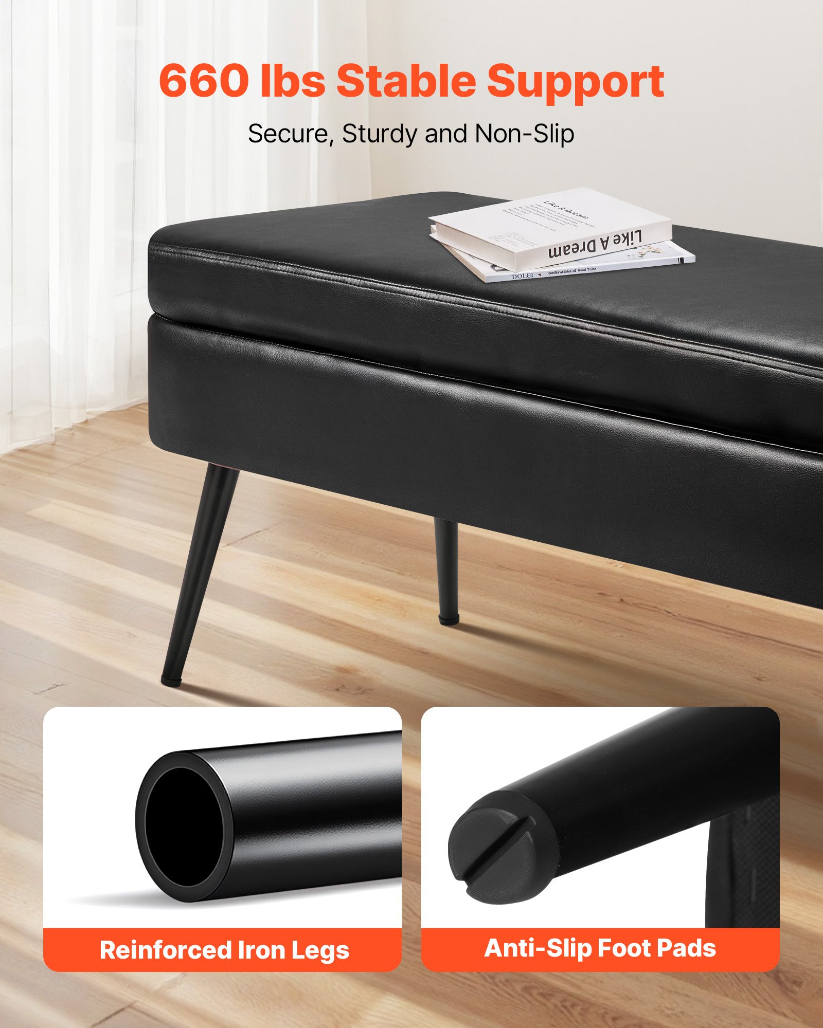 VEVOR PU Leather Storage Ottoman Bench Shoe Seat with Storage & Metal Legs 1200 x 400 x 450 mm Black